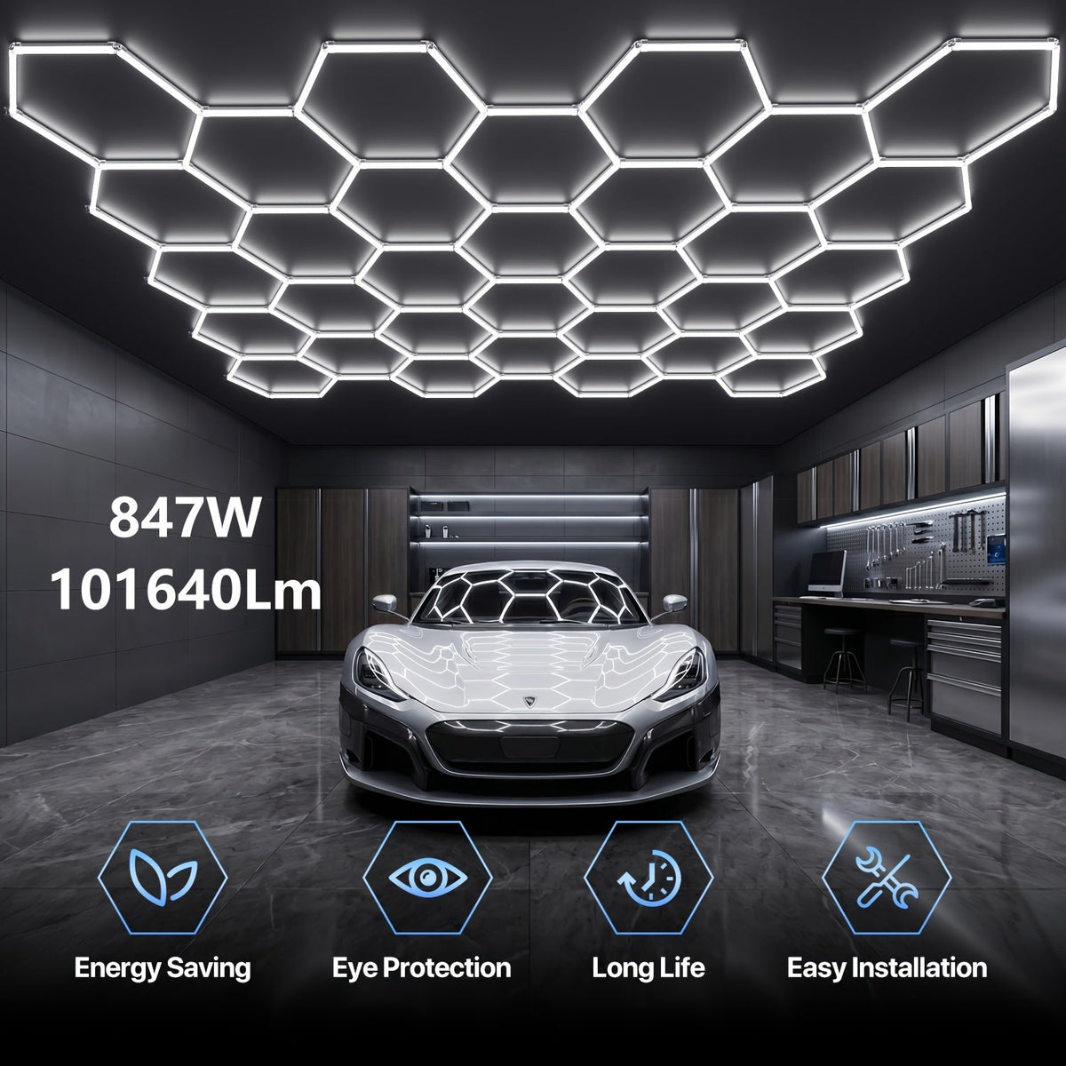LED Hexagonal Garage Light 6500K – Super Bright Daylight White Shop Light 42W–620W for Auto Detailing, Warehouse, Workshop, Basement & Gym (1 to 32 Grids, Hex Frame Available)
