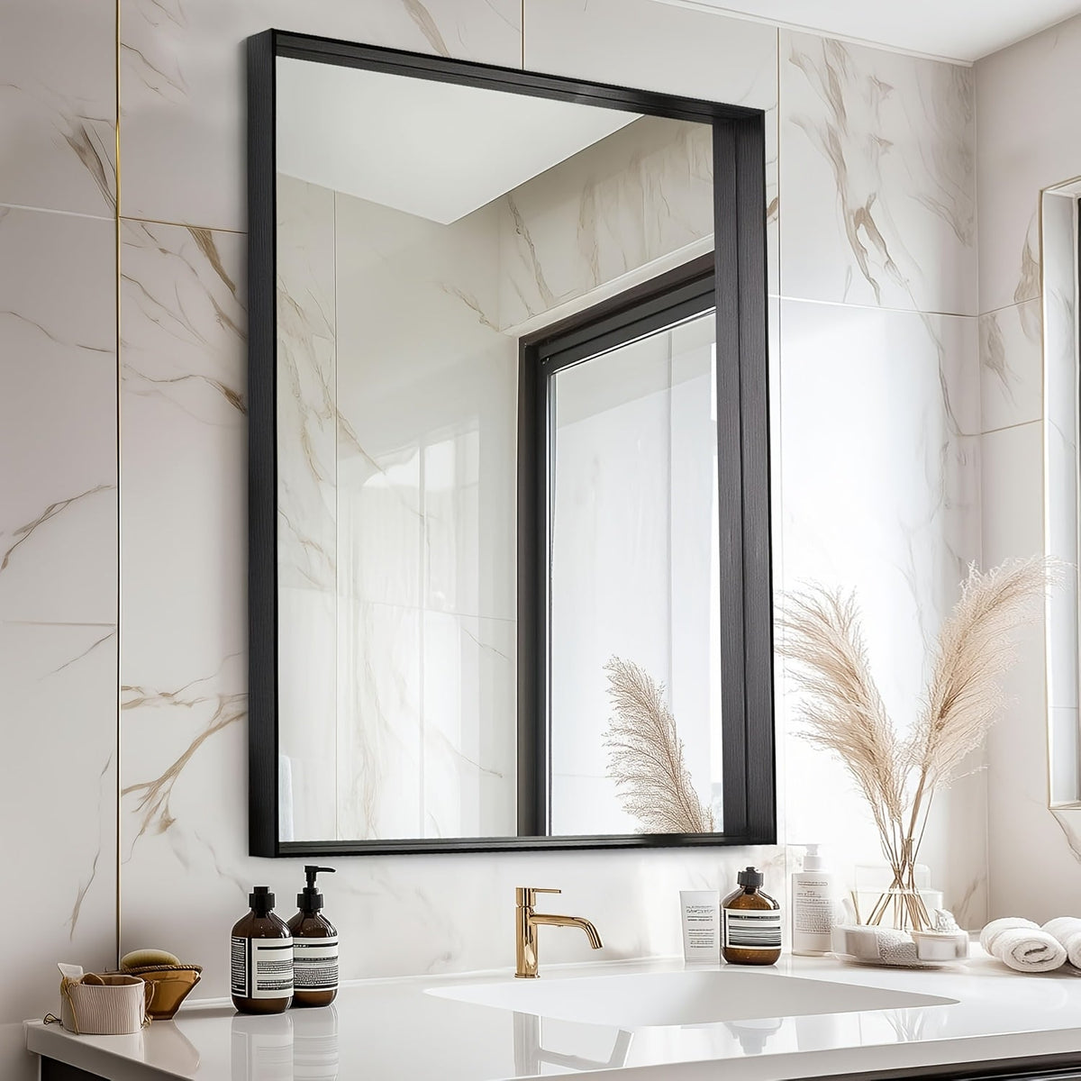 Bathroom Mirror with Rectangular Metal Frame, Horizontal or Vertical Wall Mounting in Three Finishes