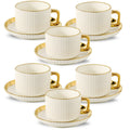 Ceramic Cappuccino Cups with Saucers Set of 6 – 8oz Coffee Mugs with Golden Trim, Latte Art Cups for Espresso Mocha, British Italian Style Café Cups and Saucer Sets for Home Kitchen