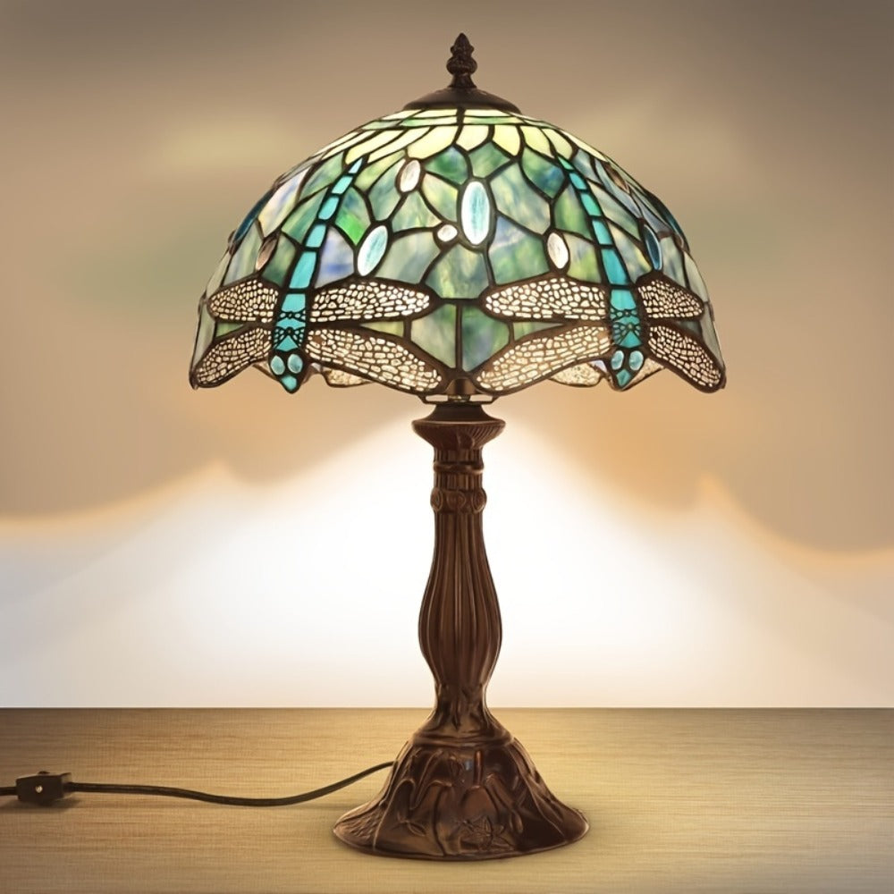 Table Lamp, Colorful Art Glass Shade, 18-Inch LED Night Light for Bedroom Nightstand Living Room Reading Desk Home Decor