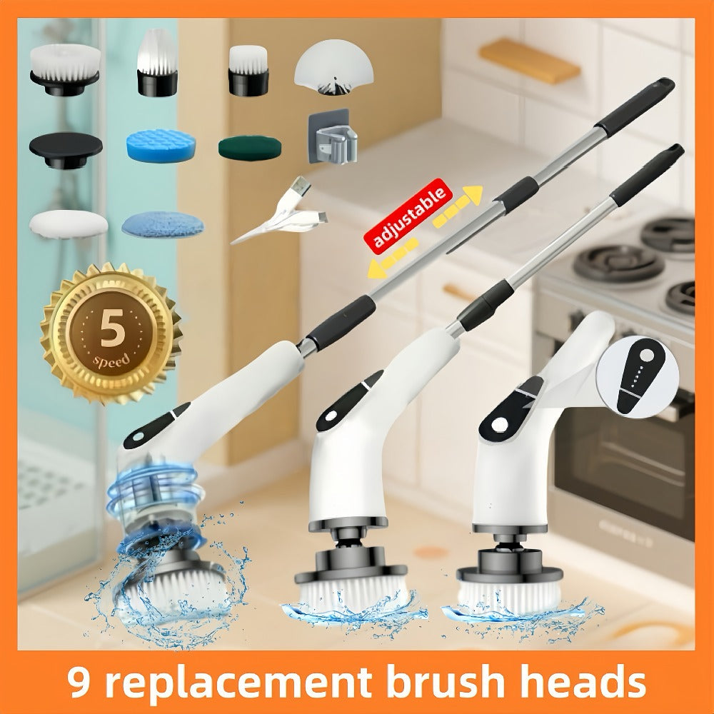 Scrubber with 9 Interchangeable Brush Heads 5 Speed Settings and 3 Extendable Handles