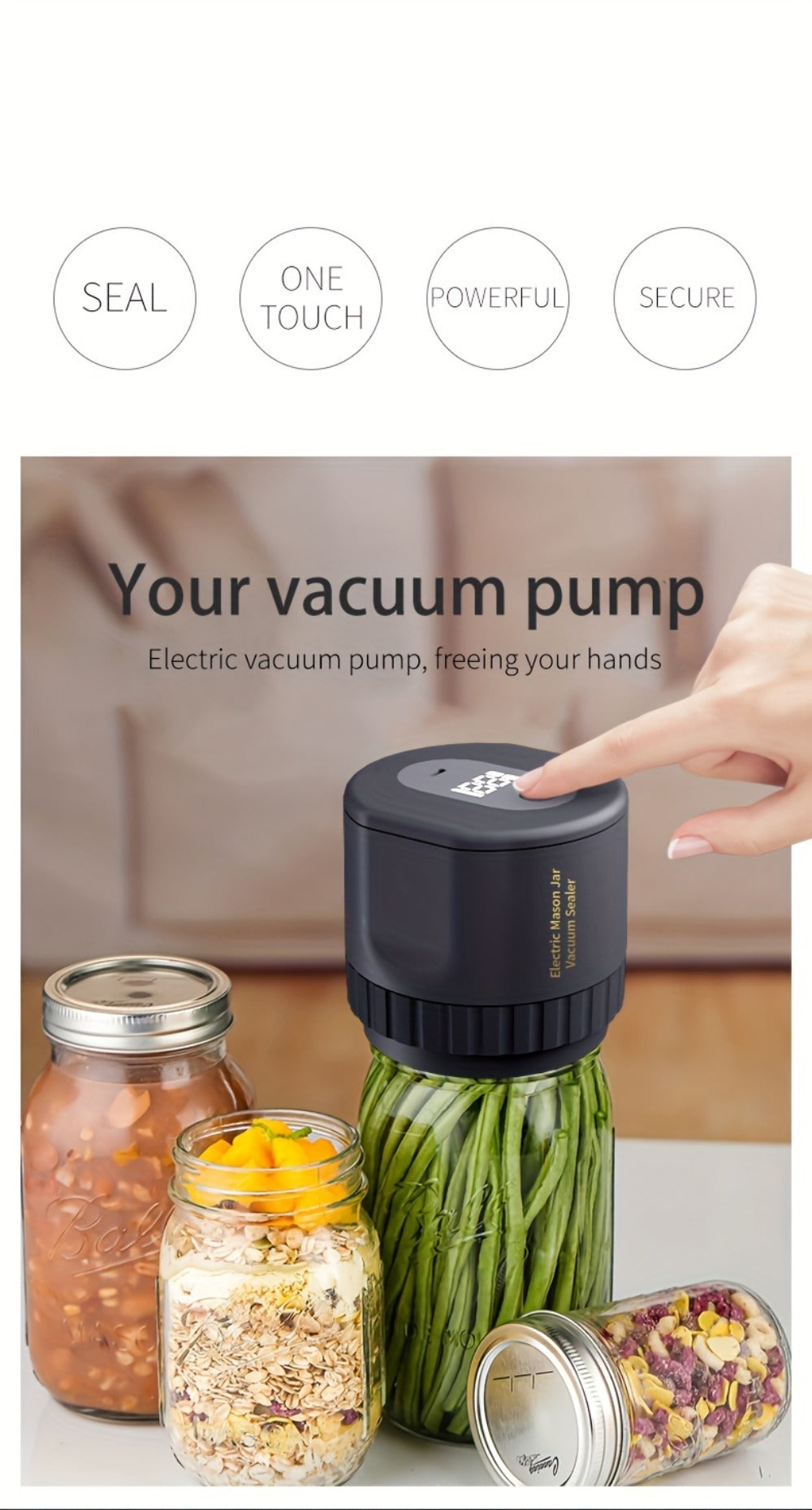 Electric Mason Jar Sealer One-Touch Vacuum Seal with Regular Mouth Lids