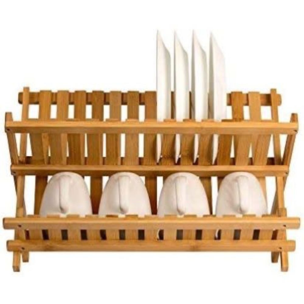 Dish Drying Rack, Bamboo 2 Tier Collapsible Wooden Dish Drainer, Compact Kitchen Counter Organizer for Dishes