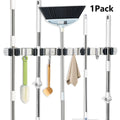 Mop and Broom Holder Wall Mount – Stainless Steel Heavy Duty Self Adhesive Rack with 5 Slots & 4 Hooks, No-Drill Storage Organizer for Kitchen Garage Laundry Garden Home
