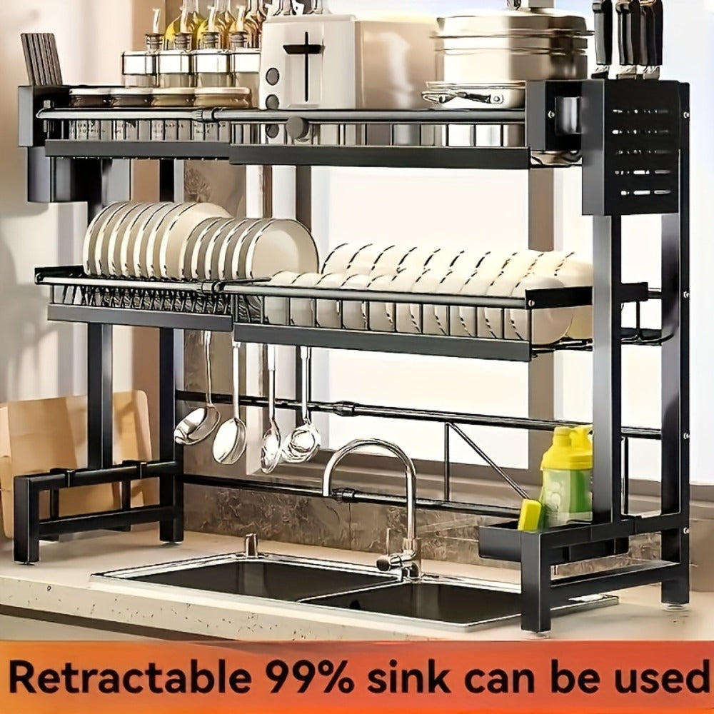 Over-the-Sink Dish Drying Rack, Adjustable Two-Tier 304 Stainless Steel Kitchen Organizer for 30 to 34-Inch Widths