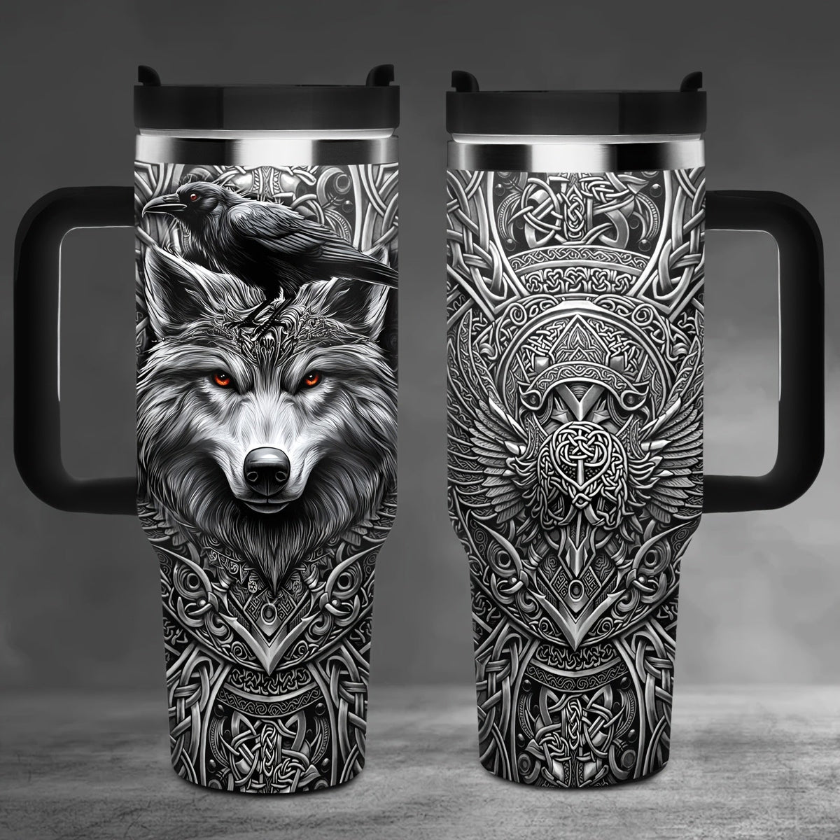 40oz Viking Tumbler with Handle - Wolf Raven Norse Mythology Celtic Knot Stainless Steel Insulated Travel Mug, Viking Gift for Men Women, Coffee Mug for Viking Lovers, Norse Mythology Gift