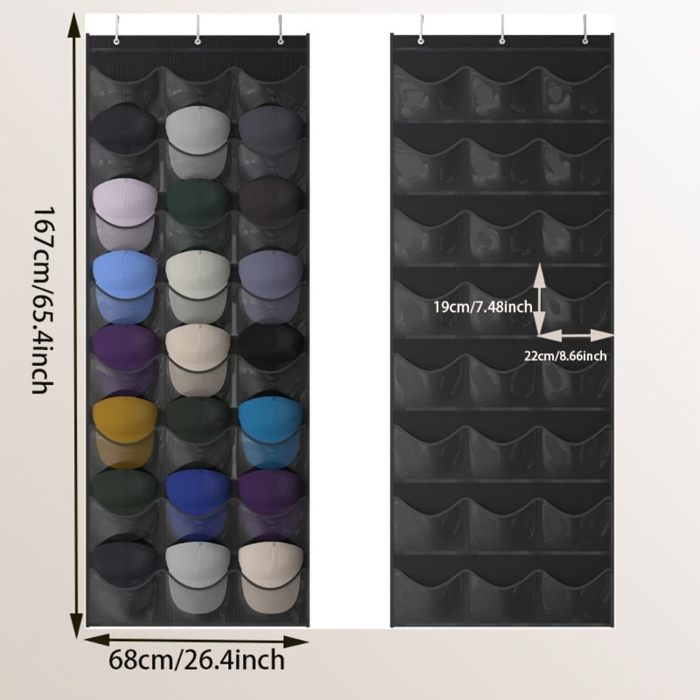 Hat Organizer, Baseball Cap Rack, Large Clear Pockets and 3 Hooks for Hat Storage Protection and Display in Closet