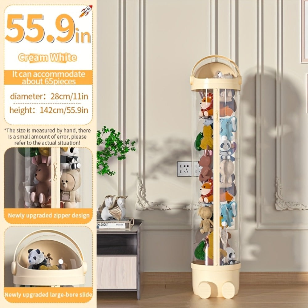 Stuffed Animal Storage Bin Transparent Cylindrical with Zipper – Large Plush Toy Organizer for Kids Bedroom Living Room – Clear Doll Storage Bag Easy Assembly