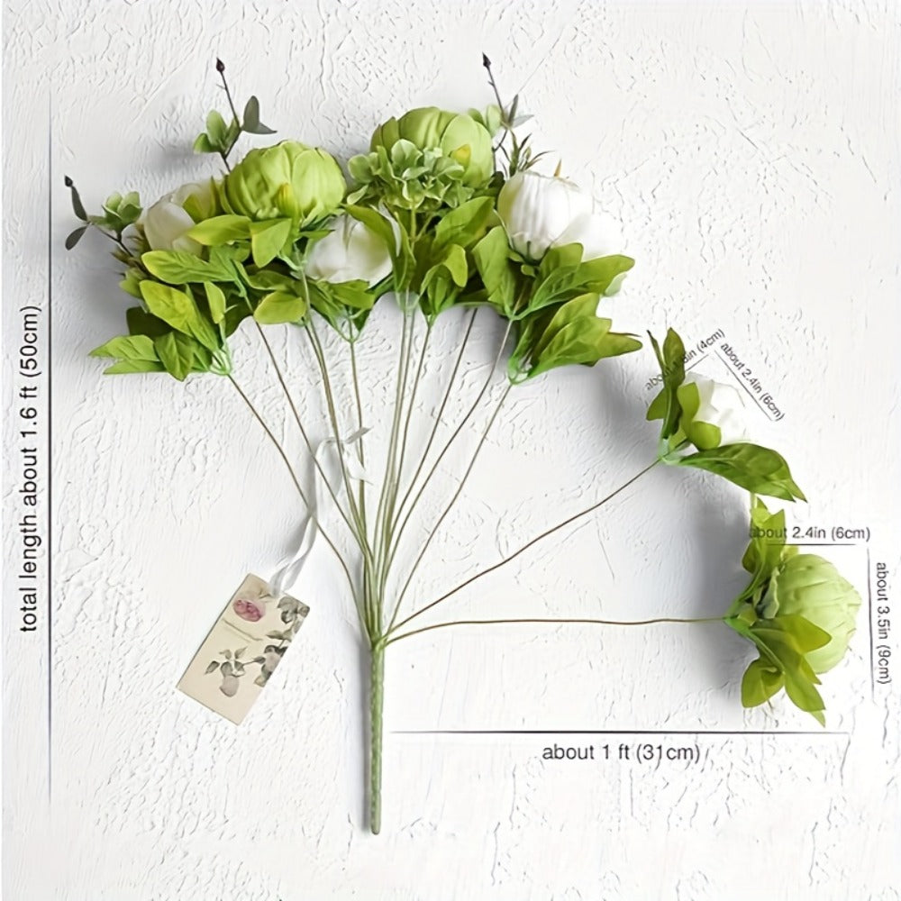 Faux Peony & Hydrangea Bouquet – Vintage Artificial Flowers for Wedding Centerpiece, Bridal Bouquet, Home Decor, Rustic Beige Green Floral Arrangement for Table Vase Living Room & Event Decor