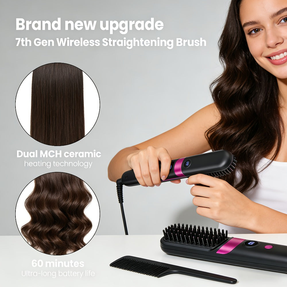 Wireless Hair Straightener Comb USB Rechargeable | Cordless Straightening Brush with Negative Ion, 3-Speed Temp Control, LED Display – Travel Hair Styler