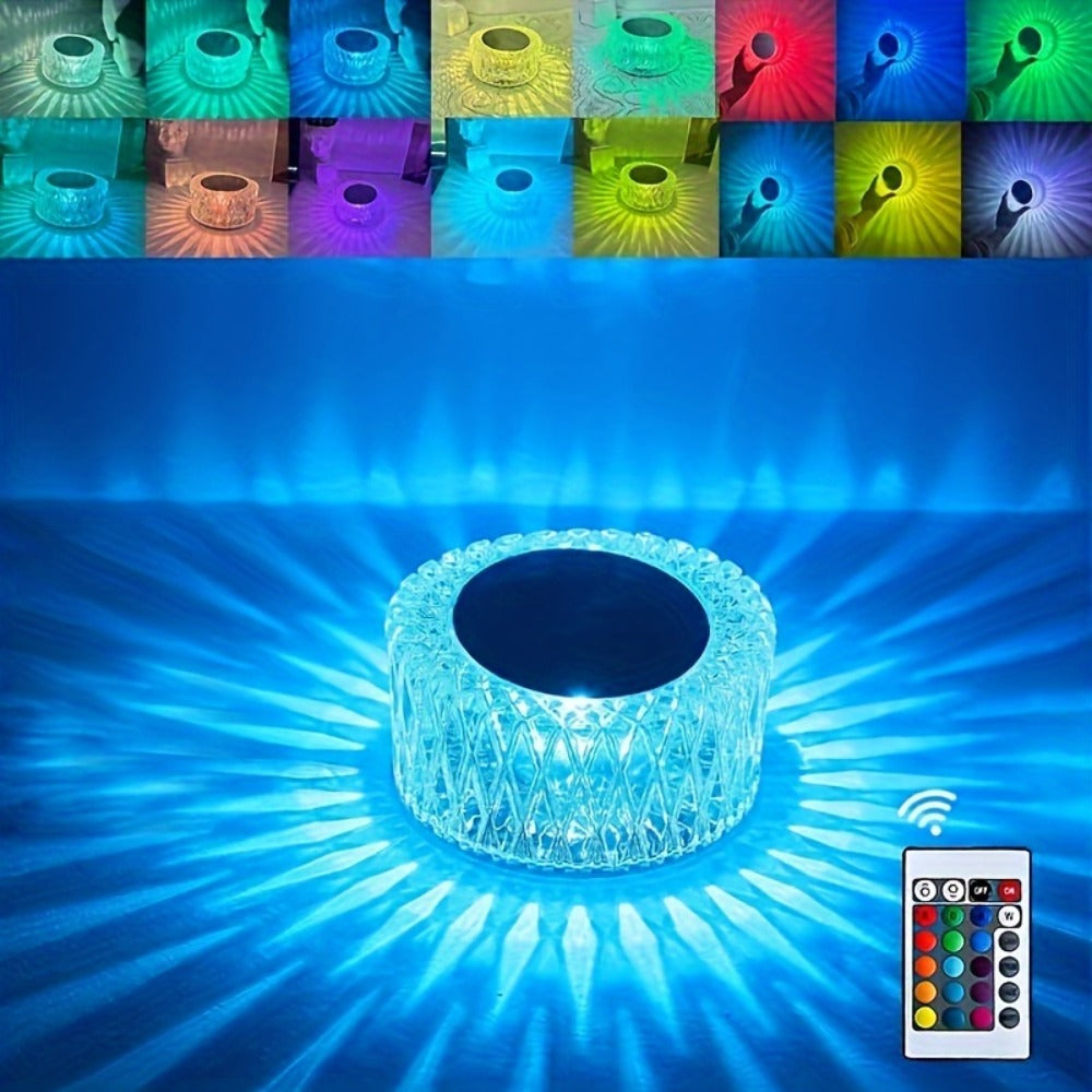 RGB LED Desk Lamp 16 Color Crystal Effect - Portable Battery Powered Night Light with Remote & Touch Control, 3-Level Dimming, Color Changing Mood Light for Bedroom Party Halloween Christmas Holiday Decor