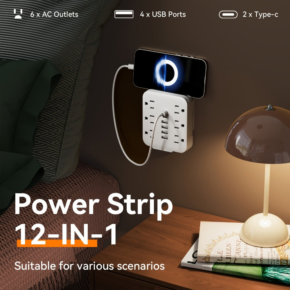 Power Strip, 6 AC Outlets & 6 USB Ports (2 USB-C) Compact Space-Saving Plug, 110-130V US Plug for Home & Office White & Black