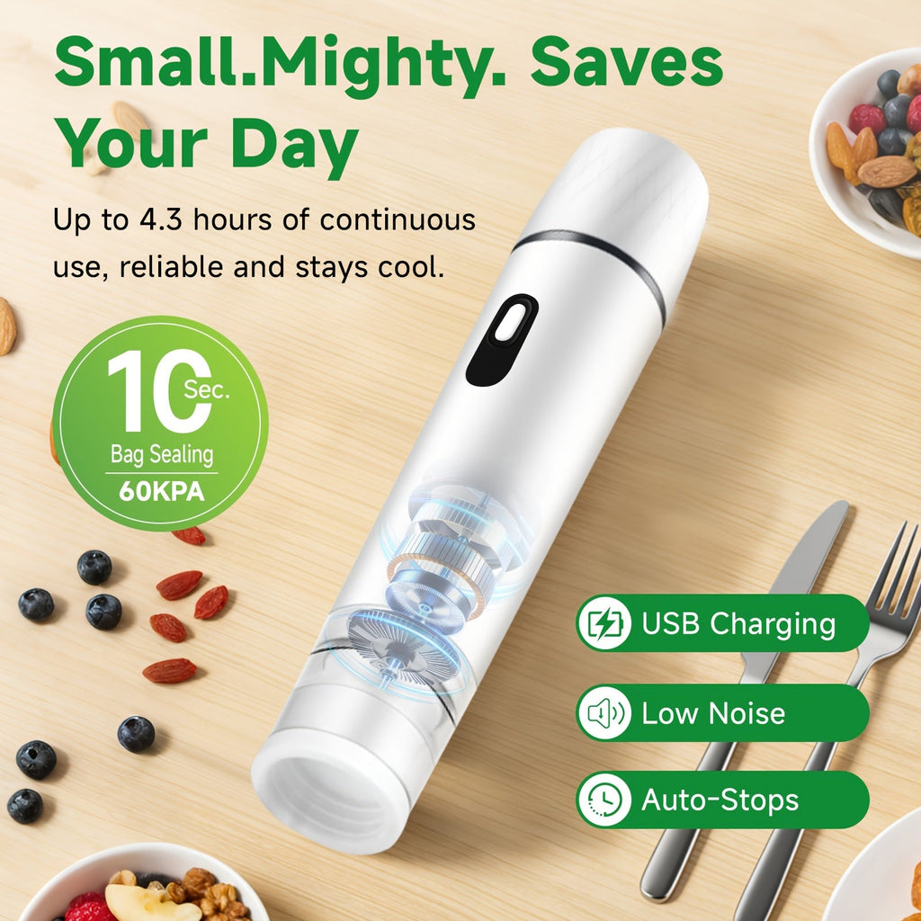 Vacuum Sealing Machine with Reusable Vacuum Bags – Compact Handheld Food Sealer, Portable Meal Storage Device, Powerful Suction, Kitchen Food Preservation Tool with 10 Reusable Bags Included