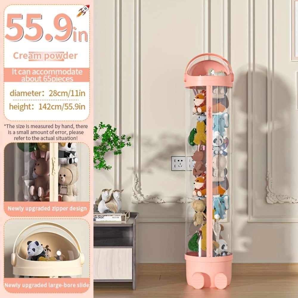 Stuffed Animal Storage Bin Transparent Cylindrical with Zipper – Large Plush Toy Organizer for Kids Bedroom Living Room – Clear Doll Storage Bag Easy Assembly