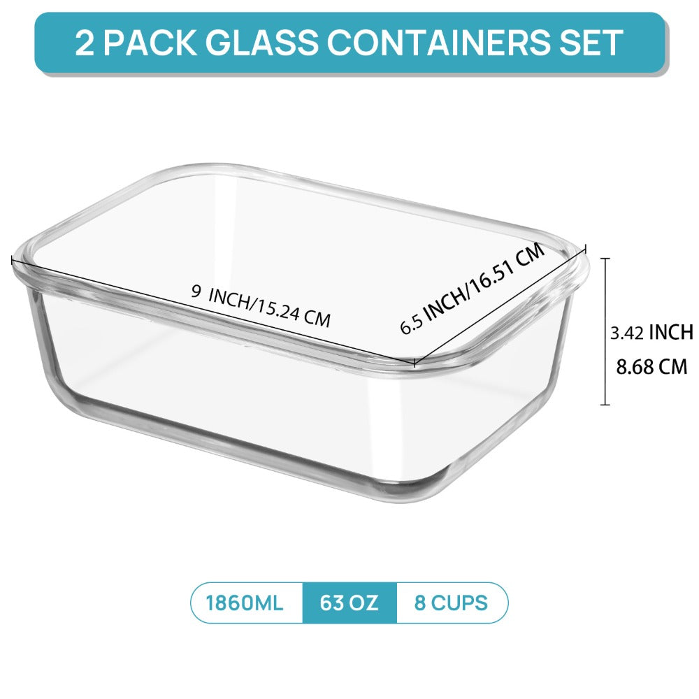 Lids 2 Pack 63oz Borosilicate Glass Meal Prep Containers, Leak-Proof Baking Dish Set, Glass Food Storage Container