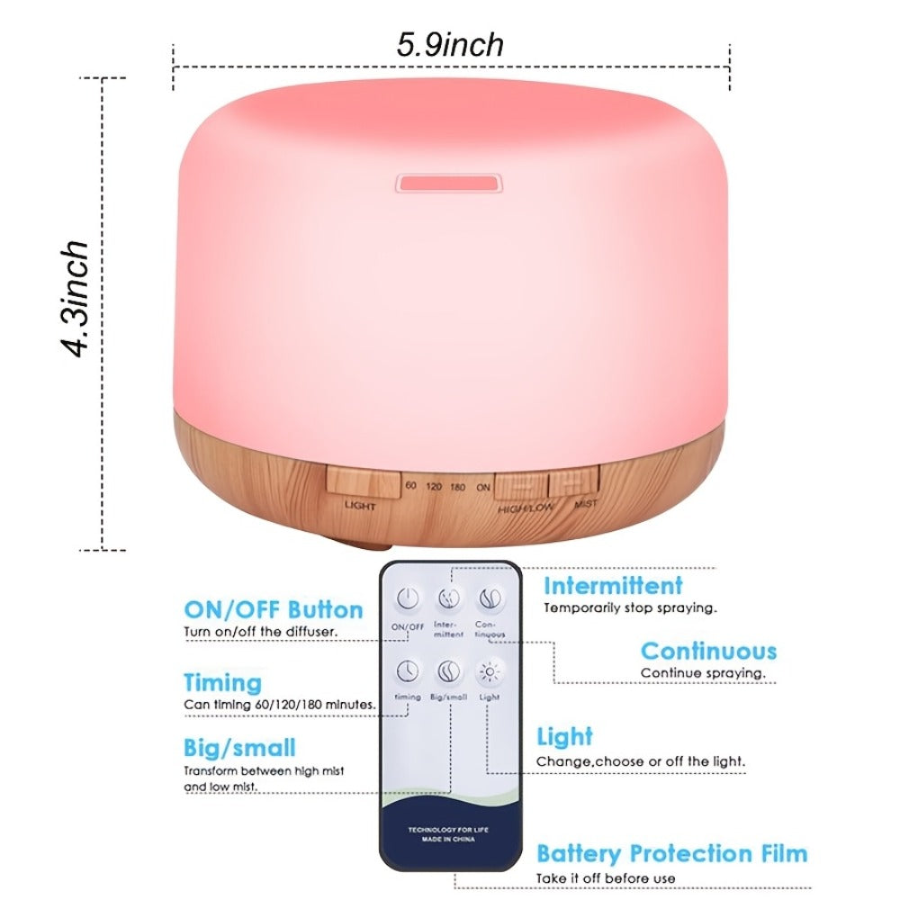 Oil Diffuser (16.91oz) in a Wood Grain Design for Home and Office with 7 Ambient LED Lights