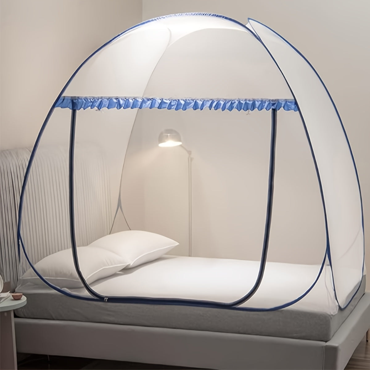 Mosquito Net for Bed Pop Up Bed Canopy 360° Protection Portable Foldable Yurt Mosquito Net with U-Shaped Zipper Ruffled Design Anti-Mosquito Indoor Bedroom Canopy Gray Blue Multiple Sizes