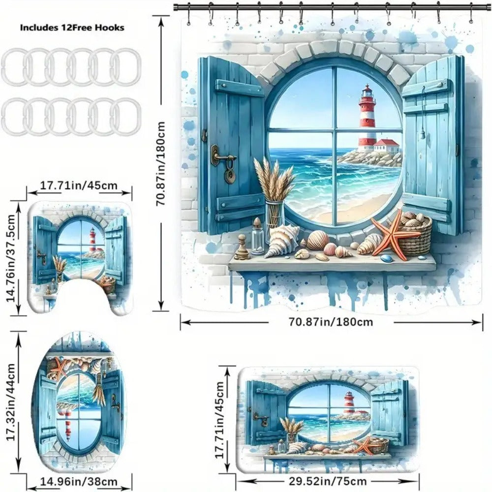 Shower Curtain Set, Ocean View Pattern Nautical Bathroom Decor, Toilet Seat Cover & 12 Hooks for Apartment Hotel