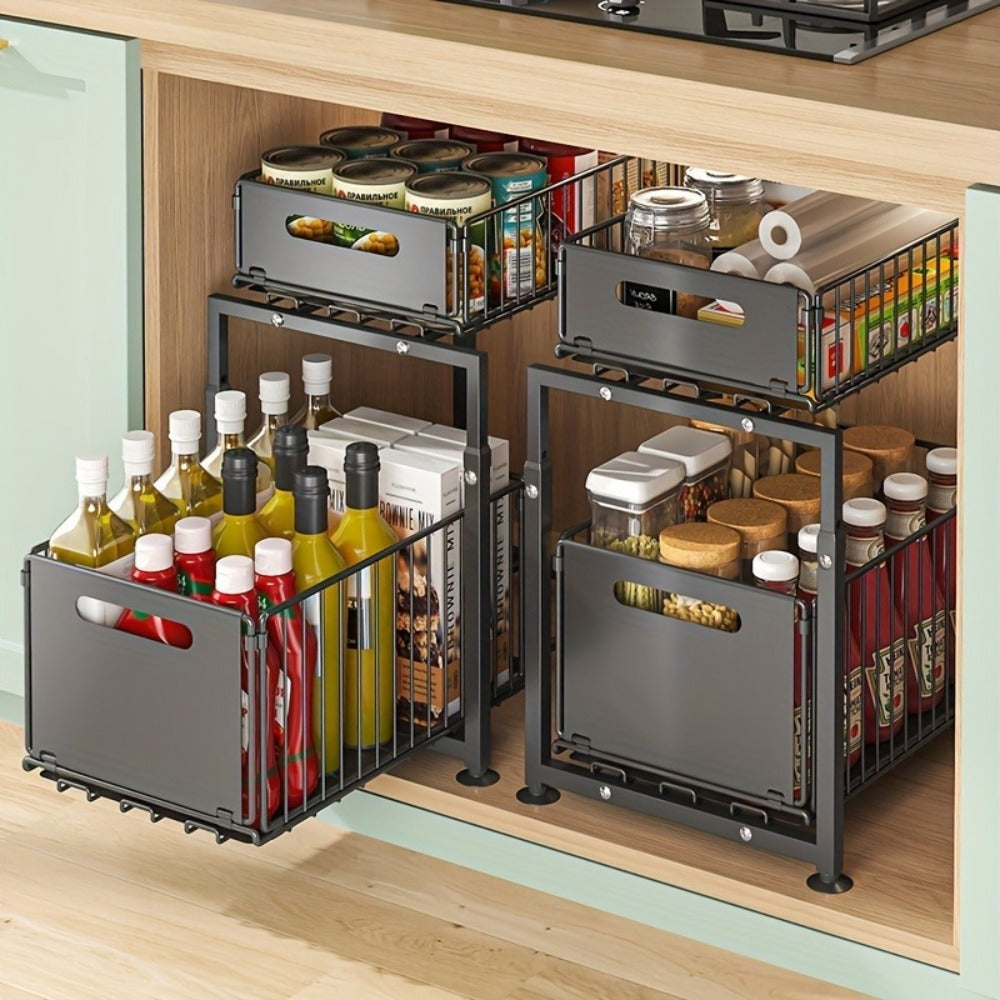 Under Sink Organizer 2-Tier Slide Out Pull Out Drawer Metal Basket Height Adjustable - Under Sink Cabinet Organizer for Kitchen Bathroom Storage, Sliding Shelf Rack for Cleaning Supplies Toiletries