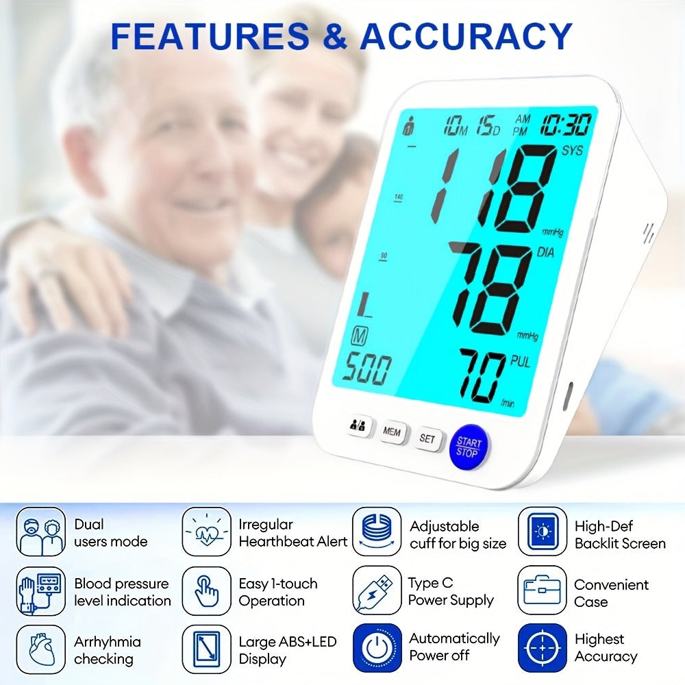 Upper Arm Blood Pressure Monitor with Large LED Backlit Screen for 2 Users
