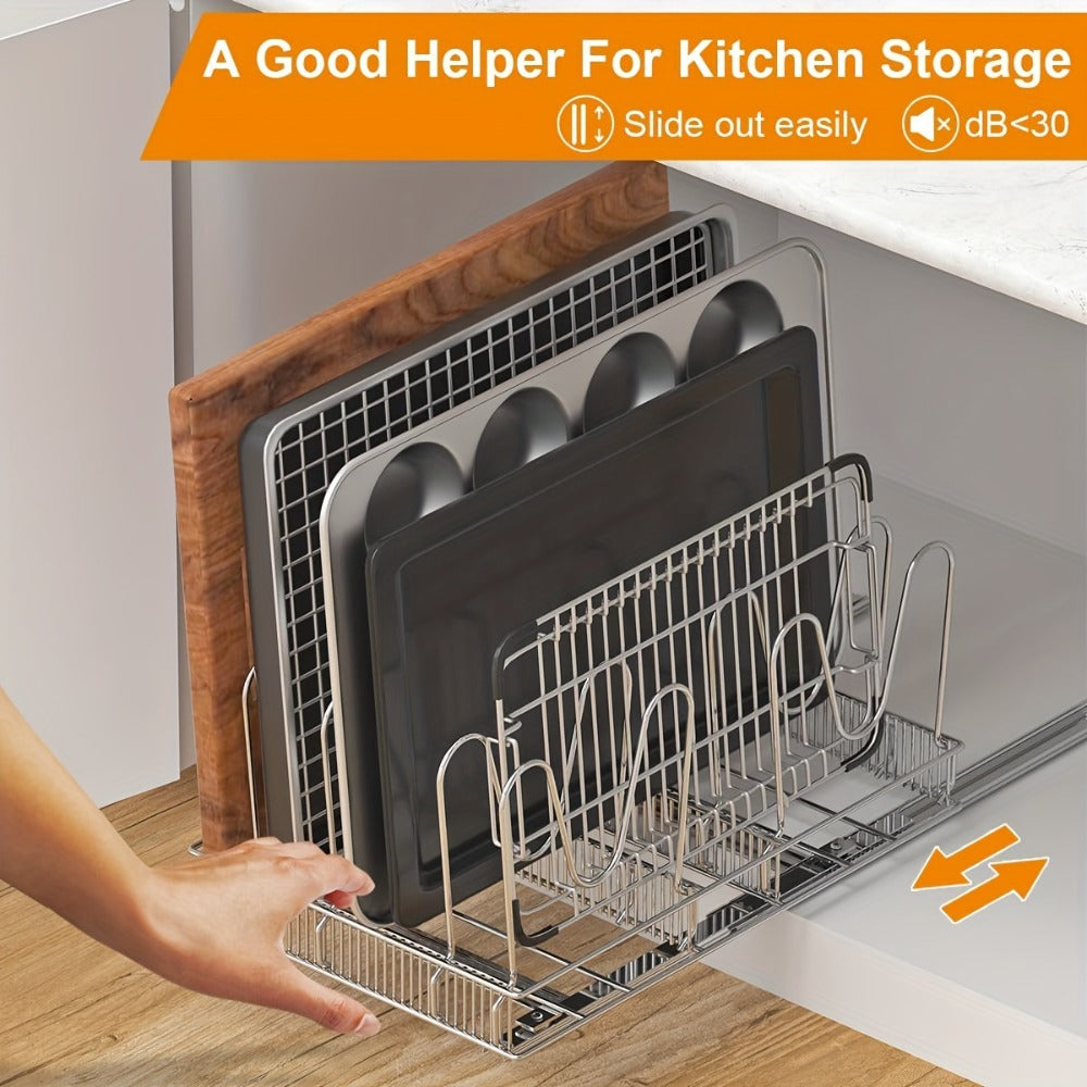 Kitchen Organizer, Cabinet Pot & Pan Organizer Rack 10 Adjustable Dividers, 11"W x 17.5"D x 8.3"H, Chrome Steel Kitchen Storage