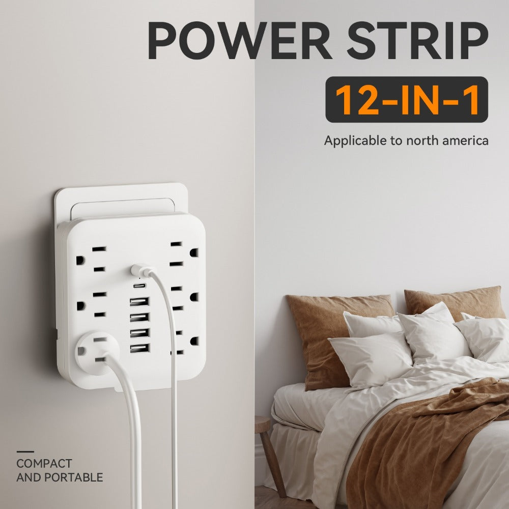 Power Strip, 6 AC Outlets & 6 USB Ports (2 USB-C) Compact Space-Saving Plug, 110-130V US Plug for Home & Office White & Black