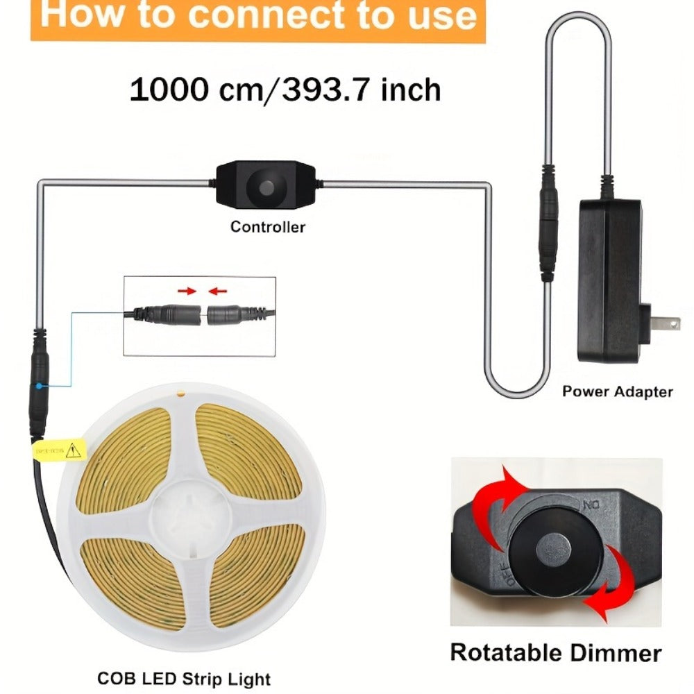Cob Led Strip Light Dimmable 32.8ft 10m, 8mm Ultra-Thin 24V High Density Flexible COB LED Tape Light with Dimmer Switch, for TV Backlight