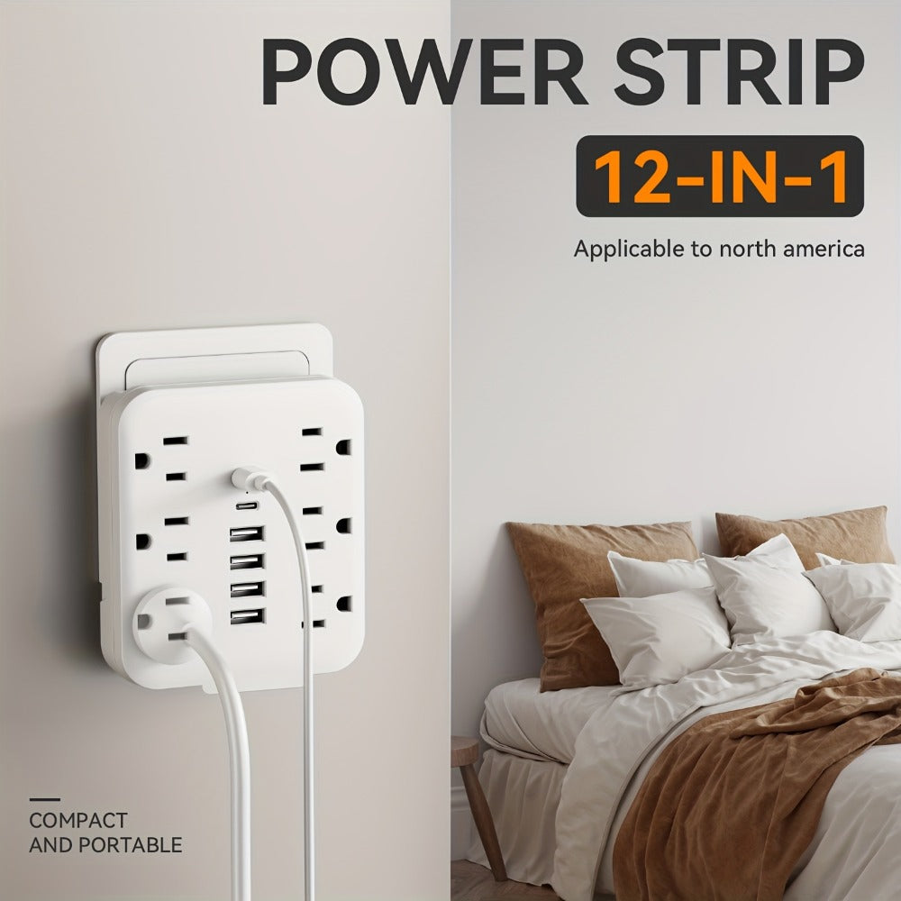 Power Strip, 6 AC Outlets & 6 USB Ports (2 USB-C) Compact Space-Saving Plug, 110-130V US Plug for Home & Office White & Black