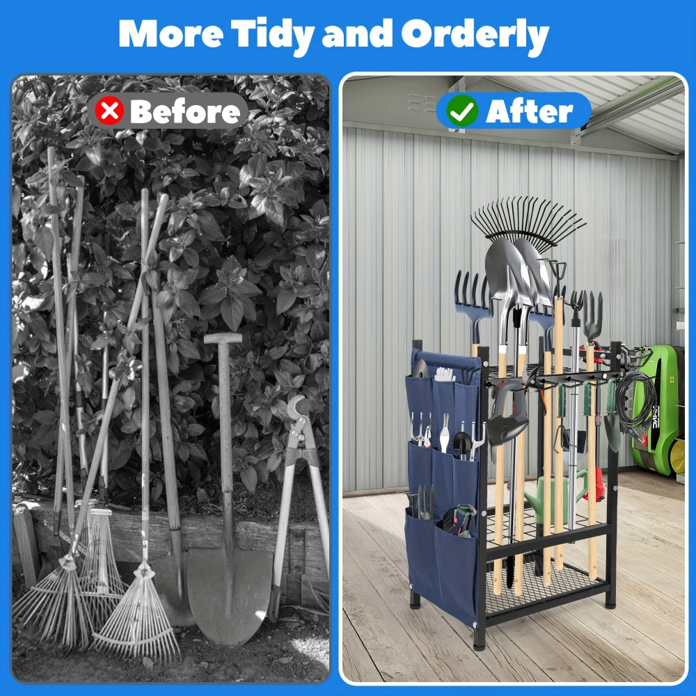 Tool Storage Rack, Storage Bag Metal Yard Tool Organizer for Garage Holds 35 Long-Handled Tools, Rake Stand Holder