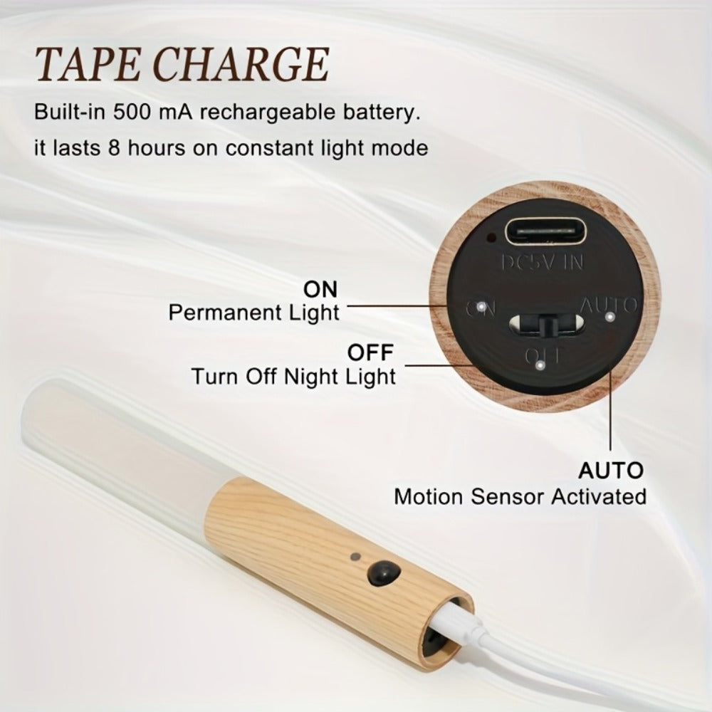 Motion Night Light, Rechargeable LED IPX4 Waterproof Wood Grain & Walnut Under Cabinet Step Lamp for Staircase