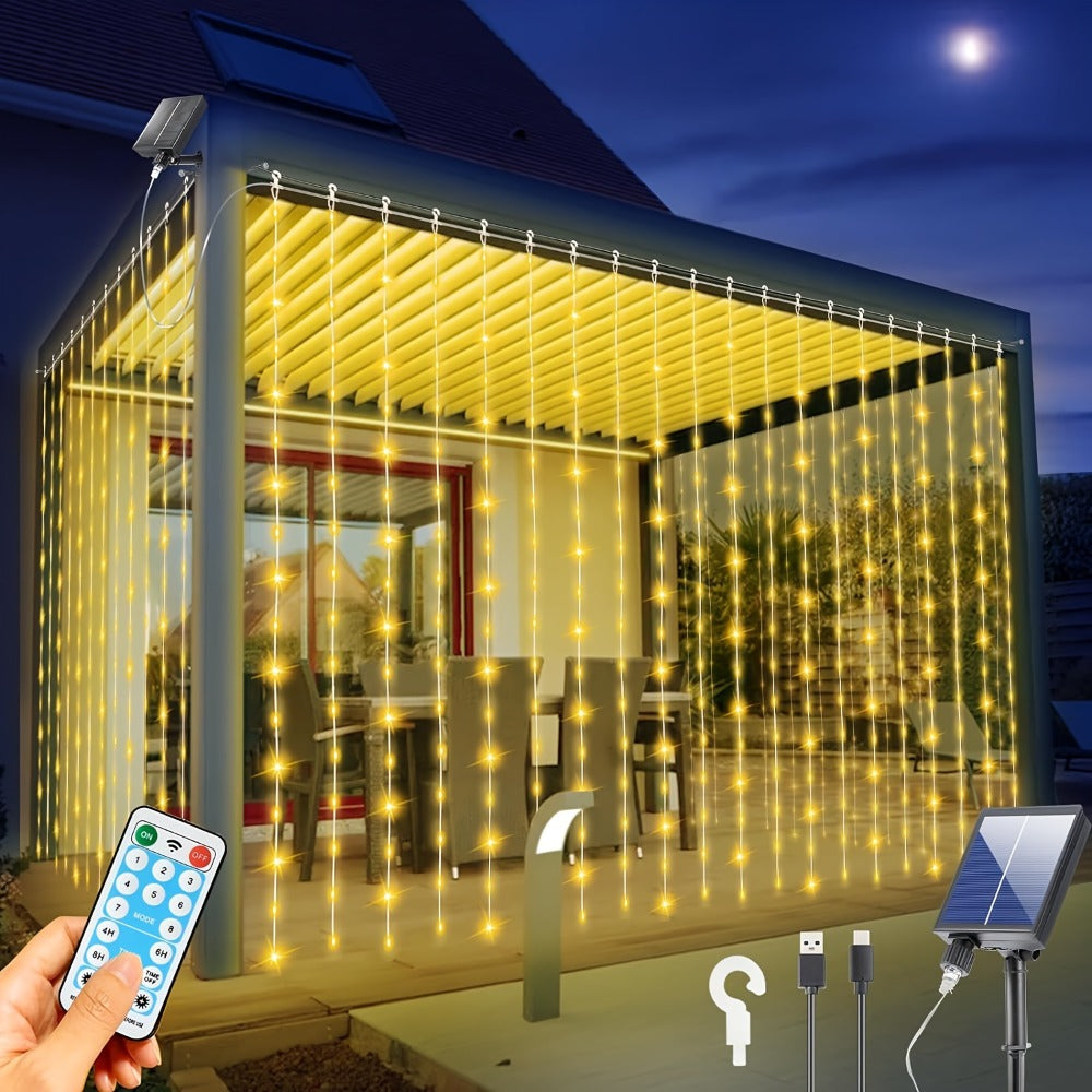 Outdoor String Lights, Solar Curtain Lights Outdoor 300 LED Waterfall Fairy String Lights, 1200mAh lithium rechargeable