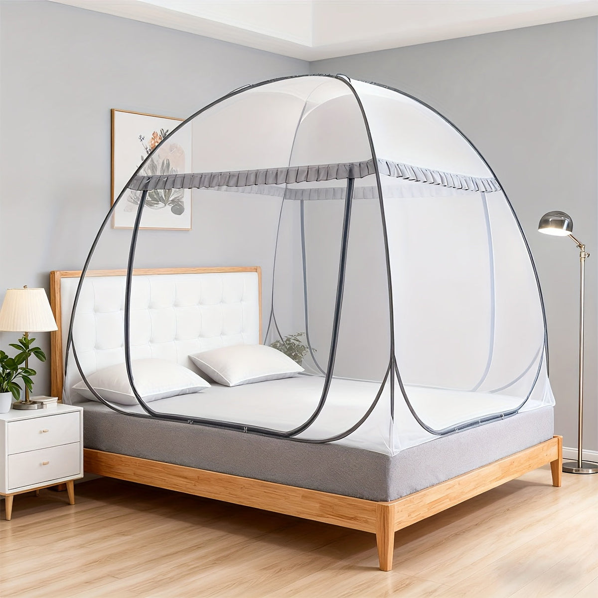 Mosquito Net for Bed Pop Up Bed Canopy 360° Protection Portable Foldable Yurt Mosquito Net with U-Shaped Zipper Ruffled Design Anti-Mosquito Indoor Bedroom Canopy Gray Blue Multiple Sizes