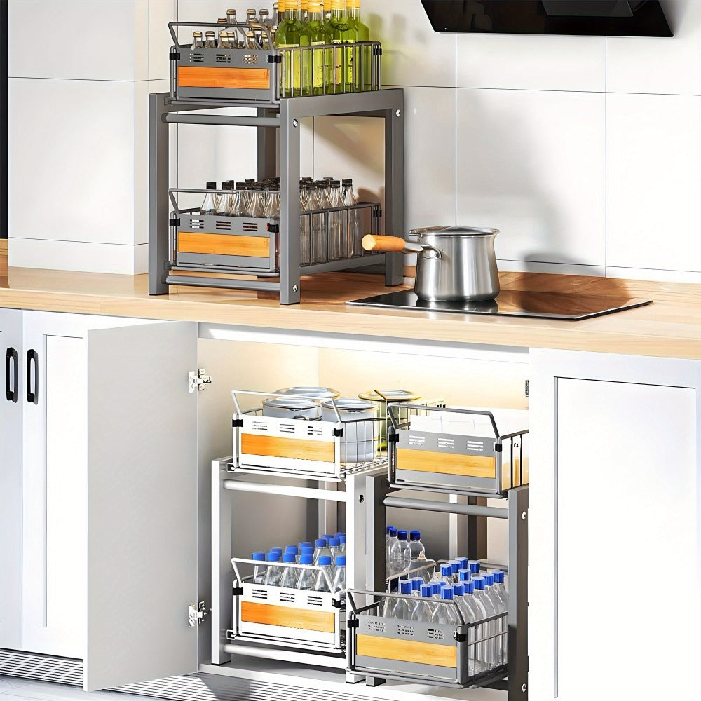 Under Cabinet Organizer in a Carbon Steel Design with Wood Accents