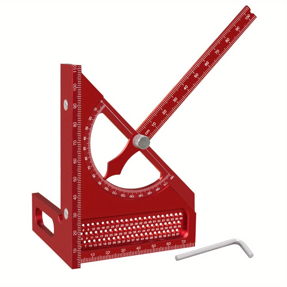 Adjustable 3D Carpentry Square Set 180° Rotating Aluminum Alloy Triangle Ruler T-Square with Scribing Holes Red Black Markings Woodworking Measurement Tool
