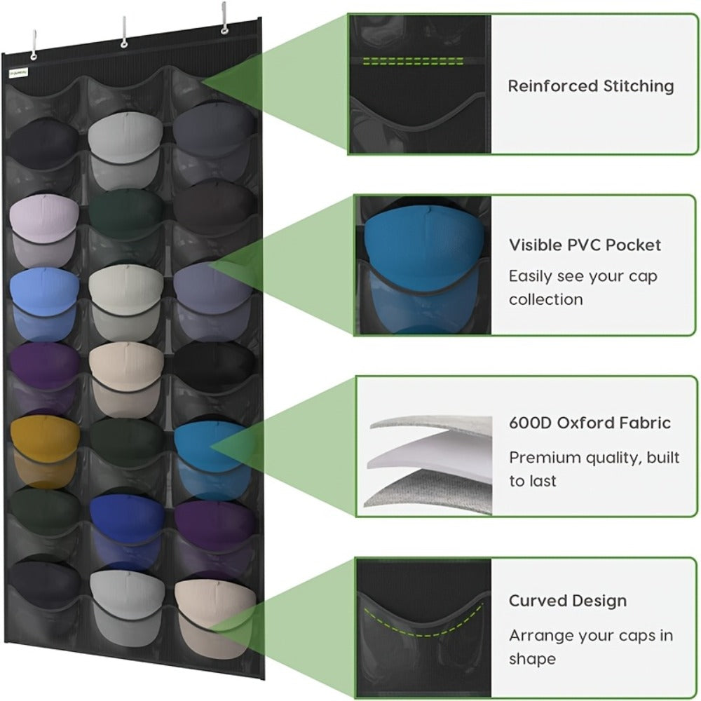 Hat Organizer, Baseball Cap Rack, Large Clear Pockets and 3 Hooks for Hat Storage Protection and Display in Closet