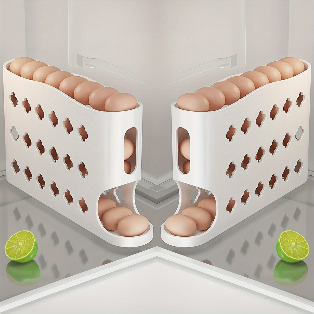 Egg Dispenser for Refrigerator, 4-Tier Automatic Rolling Egg Holder Rack – Space-Saving Egg Storage Organizer for Fridge, Kitchen Cabinet, Countertop and Table