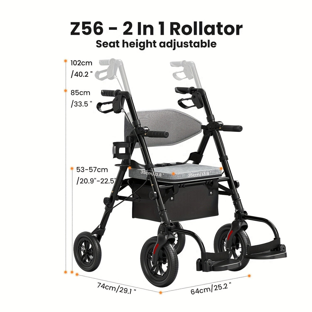 Rollator Walkers For Seniors with Ergonomic Backrest and Dual Adjustable Height