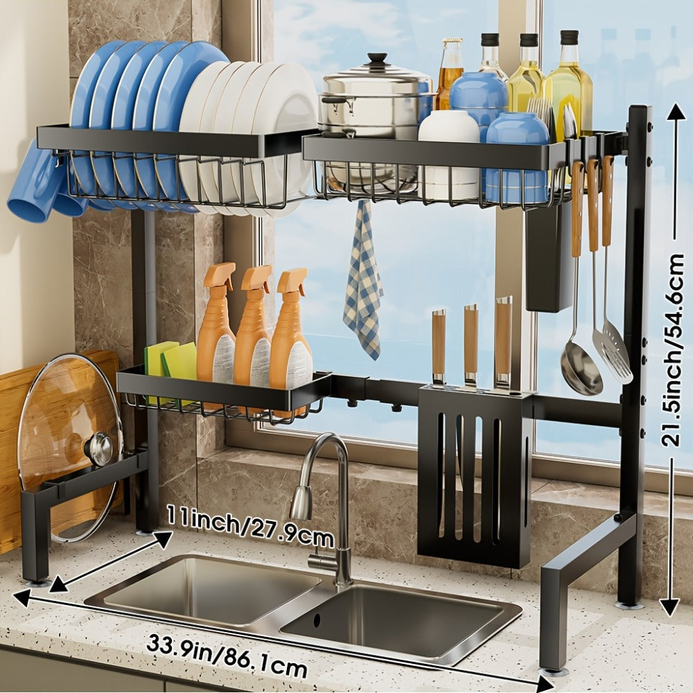 Over-the-Sink Dish Drying Rack, Adjustable Two-Tier 304 Stainless Steel Kitchen Organizer for 30 to 34-Inch Widths