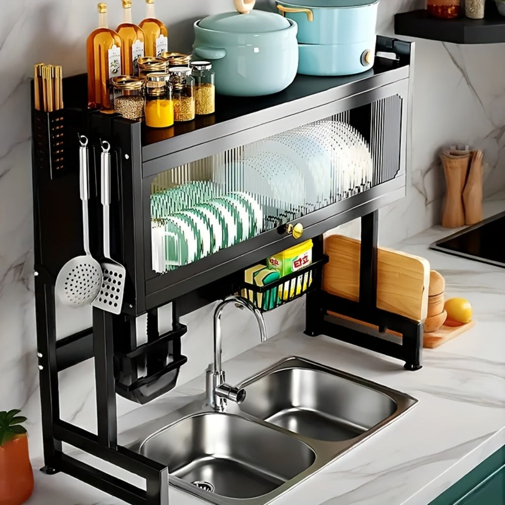 Dish Drying Rack, Multi-Layer Kitchen Countertop Organizer, Dust-Free Drainer for Plates Bowls Utensils