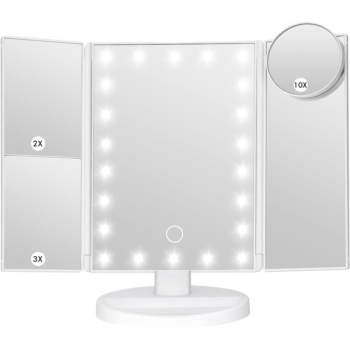 LED Tri-Fold Makeup Mirror with Touch Screen – 1X/2X/3X/10X Magnifying Vanity Mirror, Flexible Adjustable Base, Lighted Travel Mirror for Makeup Desk, Bedroom & Bathroom | Gift for Women