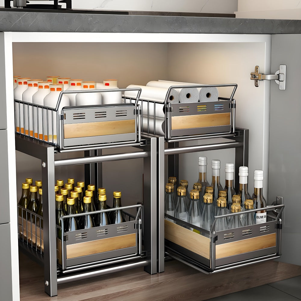 Under Cabinet Organizer in a Carbon Steel Design with Wood Accents