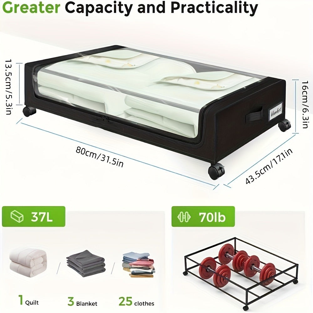 Foldable Under-Bed Organizer Bins with Wheels and Zippered Lids for Clothing and Bedding Storage, Storage Containers