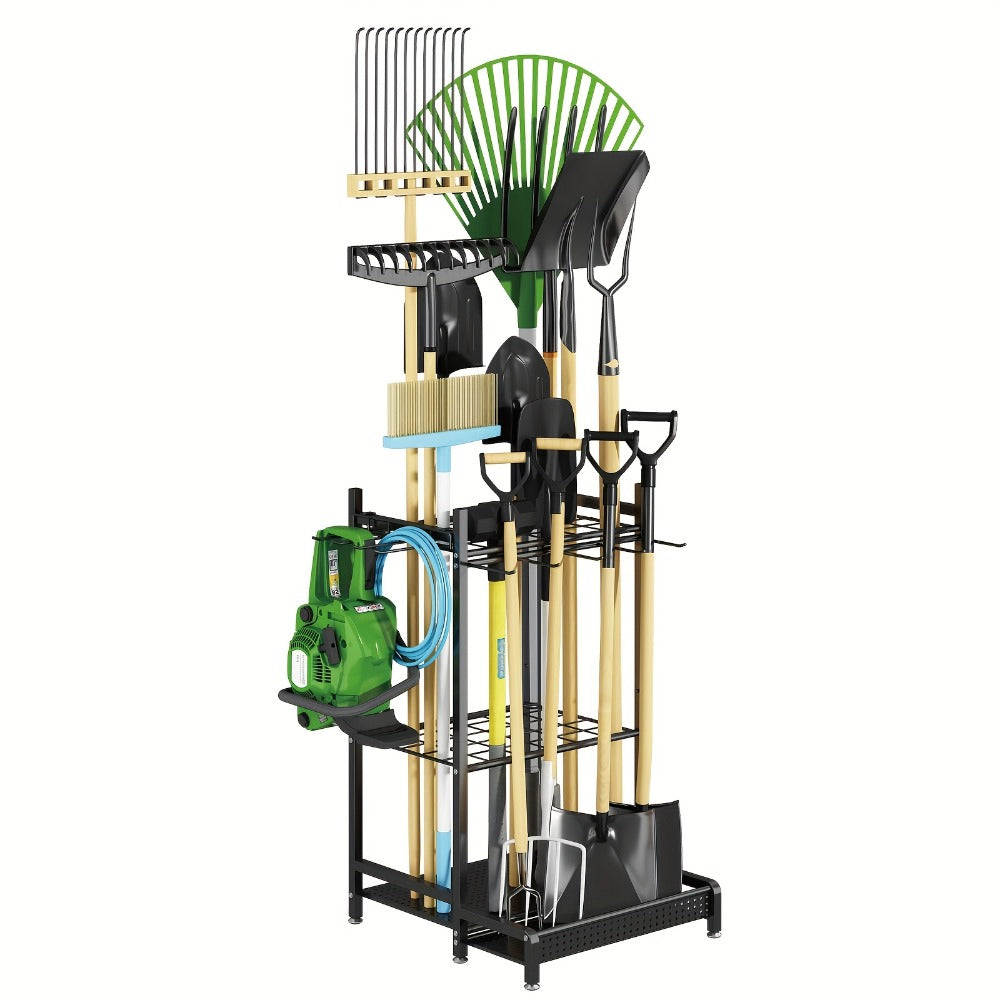 Freestanding Heavy-Duty Metal Storage Rack with Hooks for Long-Handled Yard Tools in the Garage, Garden Tool Organizer