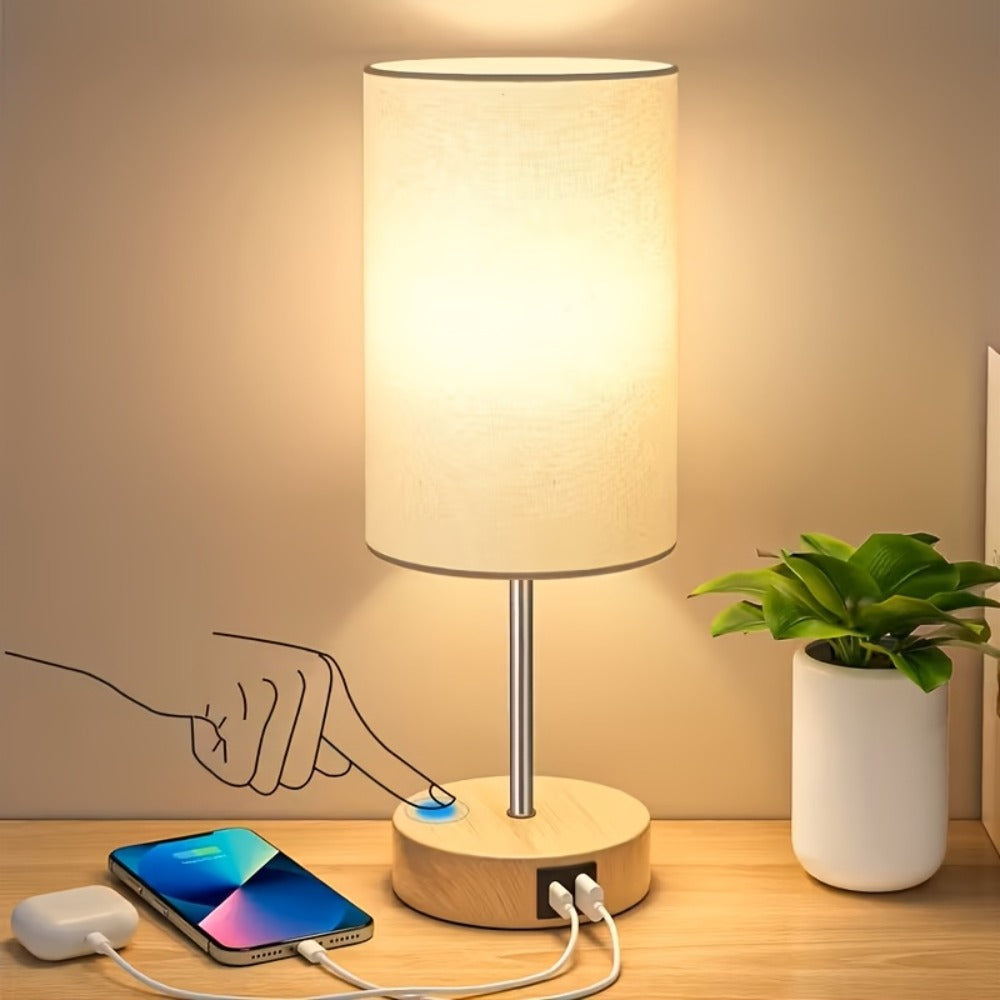 Table Lamp, Wood Base Round Burlap Shade, AC Outlet & A19 LED Bulb Included for Bedroom Living Room Office