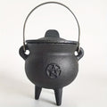 Cast Iron Cauldron with Lid & Handle – Witchcraft Incense Burner, Spell Ritual Pot, Halloween Decor, Pentagram & Triple Moon Styles, Pagan Altar Cauldron
