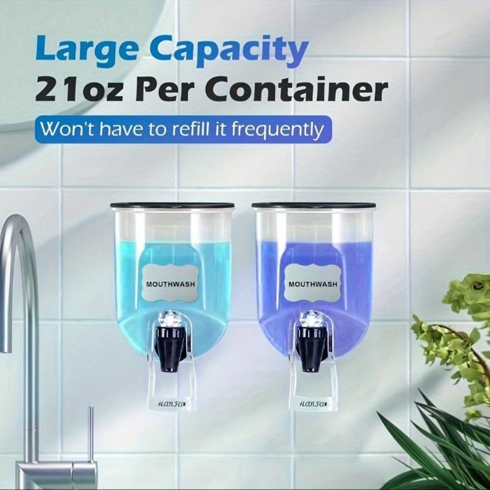 Mouthwash Dispenser with Wall Mounted 2-Pack 21 oz Plastic Container and Space Saving Bathroom Organizer for Countertop Storage