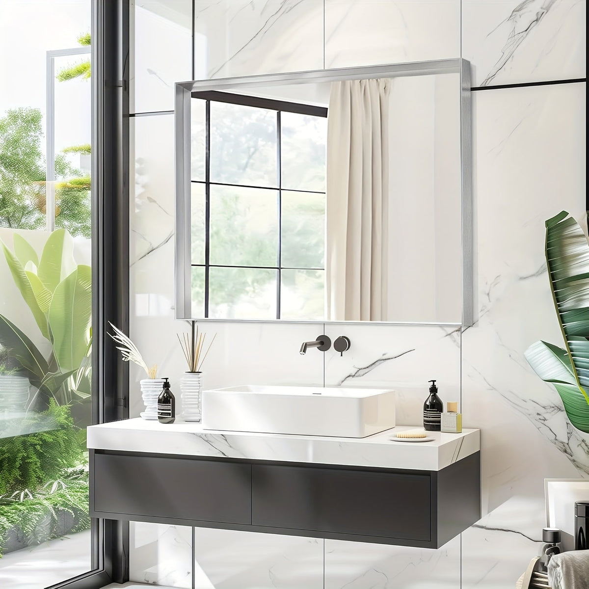 Bathroom Mirror with Rectangular Metal Frame, Horizontal or Vertical Wall Mounting in Three Finishes