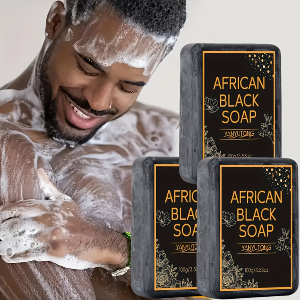 African Black Soap Bars – Moisturizing Body & Face Cleanser with Coconut Oil, Olive Oil & Shea Butter | Rich Foam Plant Extract Skin Care Soap for Daily Use