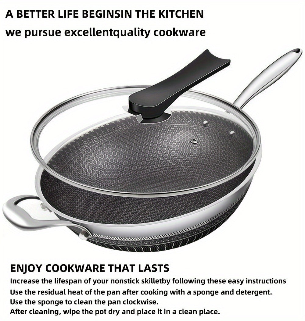 Non-Stick Stainless Steel Wok with Lid and Spatula, 13.3 Inch for Stir Fry