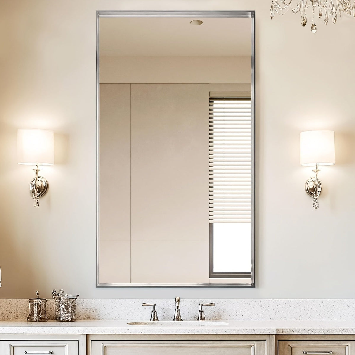 Bathroom Mirror with Rectangular Metal Frame, Horizontal or Vertical Wall Mounting in Three Finishes